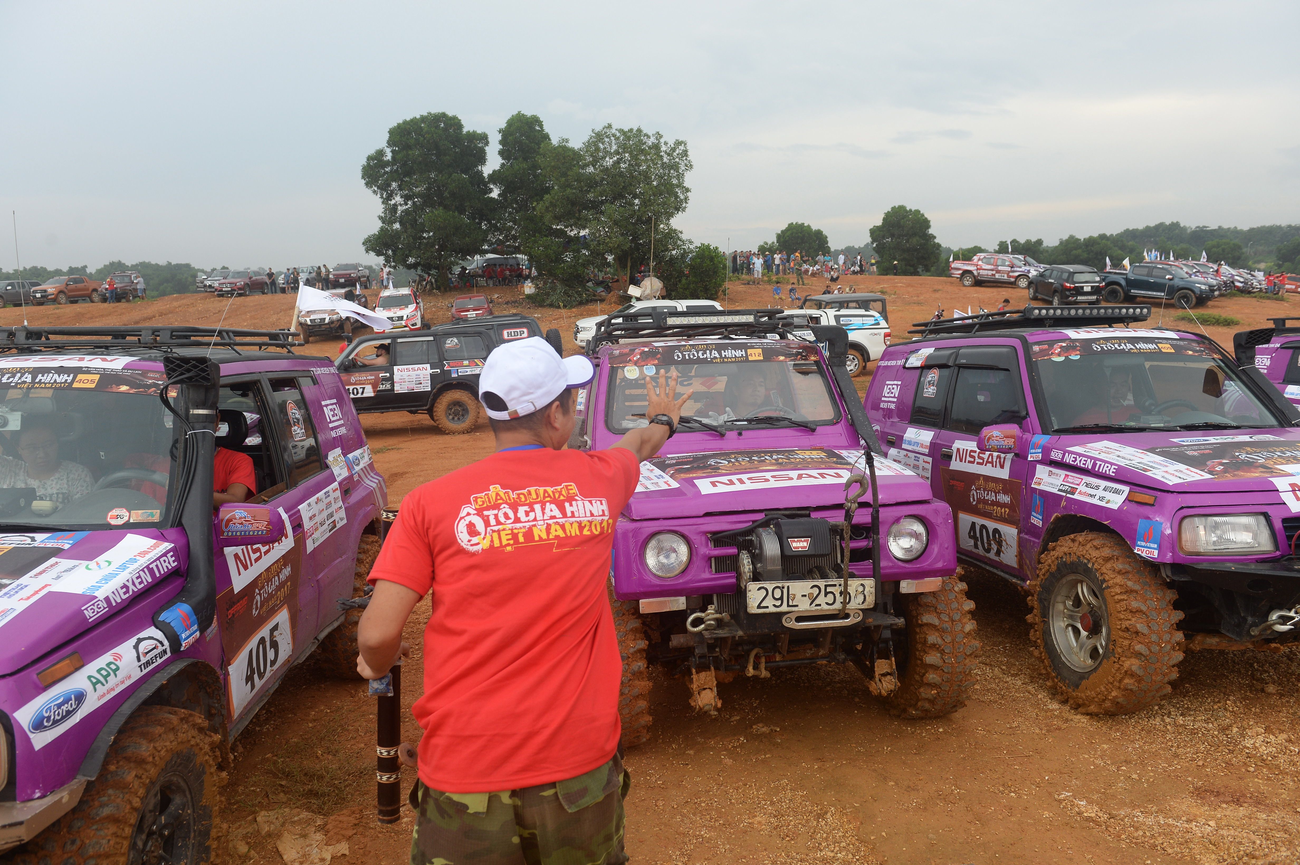 Trucks line-up at the annual off-road car racing tournament.