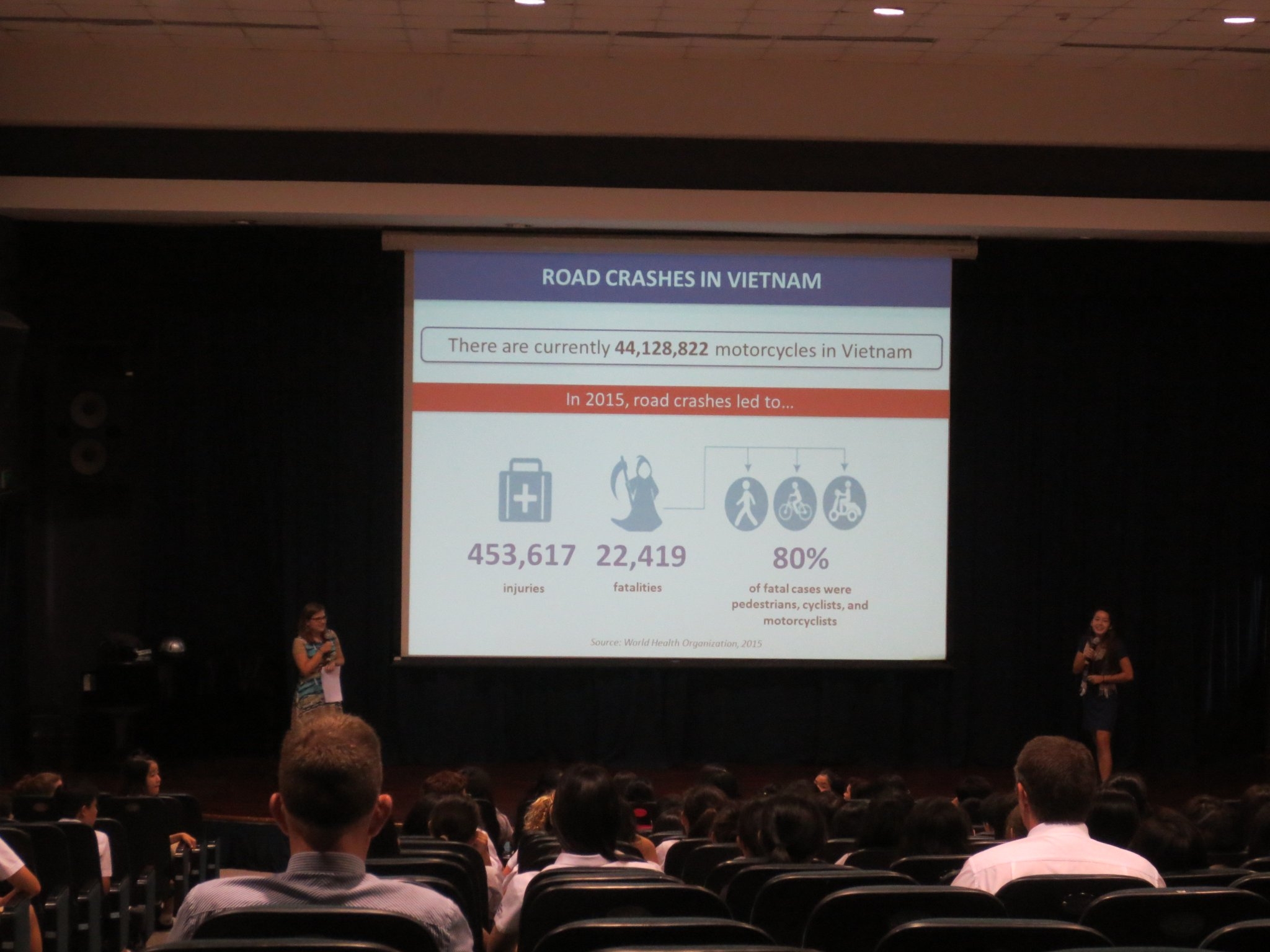 Molly Ellison and Peggy Moriarty address the importance of road safety with a group of secondary school students.
