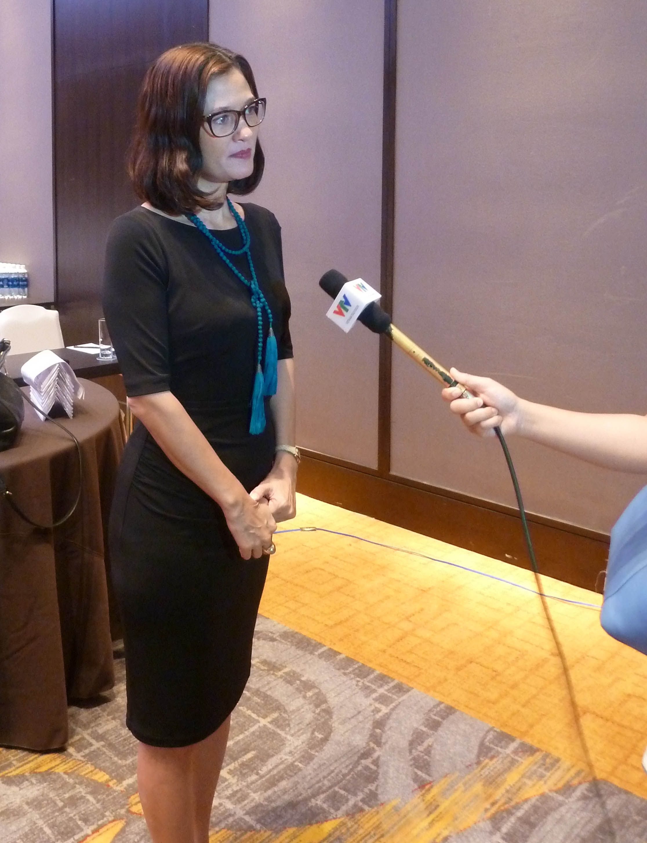 AIP Foundation CEO Mirjam Sidik is interviewed by Vietnam Television (VTV) following her presentation.