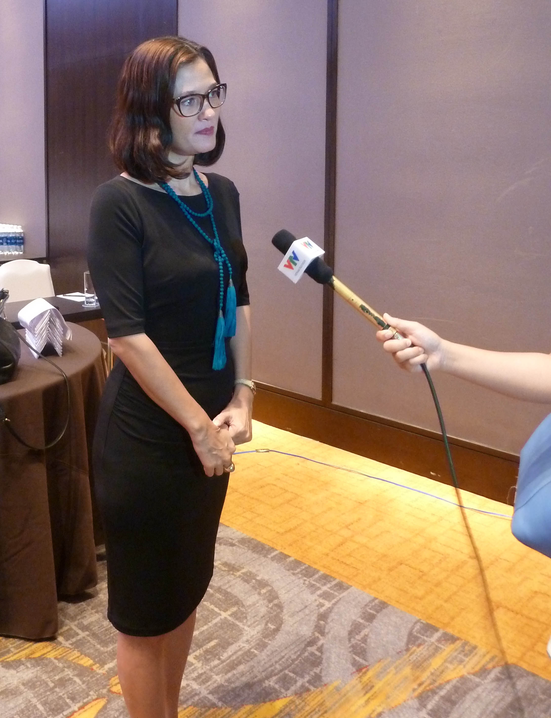 AIP Foundation CEO Mirjam Sidik is interviewed by Vietnam Television (VTV) following her presentation.