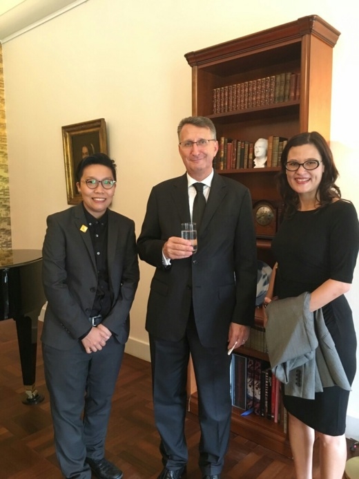 AIP Foundation CEO, Mirjam Sidik (right), and Thailand Country Manger, Oratai Junsuwanaruk (left), with German Ambassador Peter Pruegel (center) at the inaugural “Evonik Road Safety Award” ceremony in Bangkok.