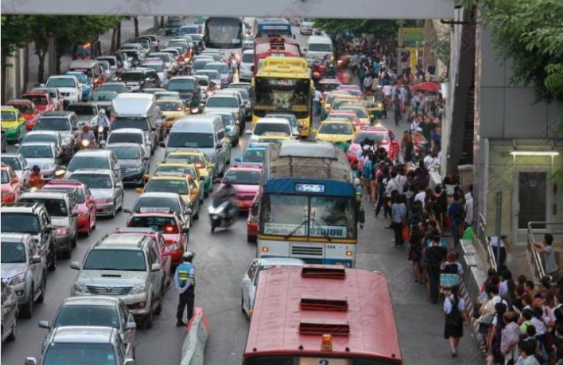 Rush hour traffic in downtown Bangkok.