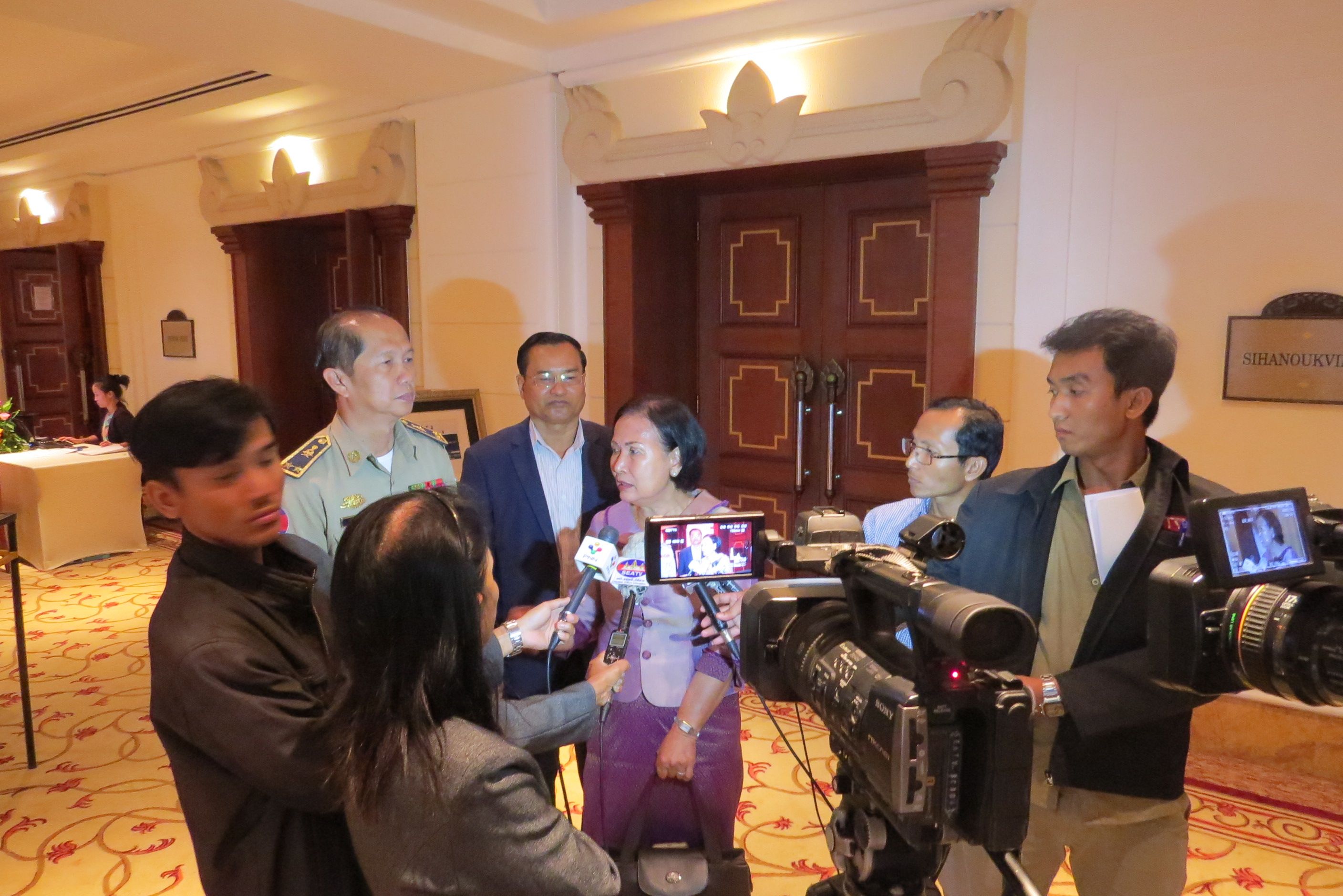 H.E. Min Meanvy, Secretary of State of the Ministry of Public Work and Transportation, speaks to media at the review meeting for Safety Delivered’s new television commercial.
