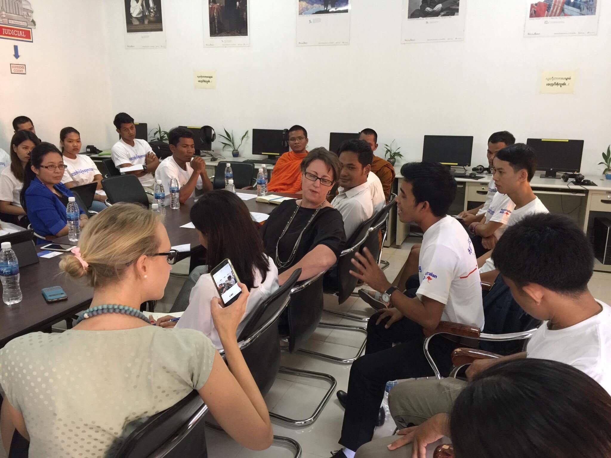 A student representative from the Young Ambassadors for Road Safety (YARS) program speaks with Angela Corcoran, the Australian Ambassador to the Kingdom of Cambodia, during the open dialogue.