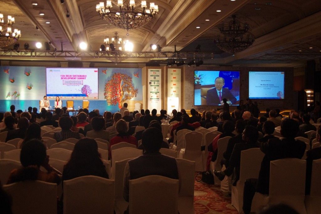 His Excellency Ban Ki-Moon, Secretary-General, United Nations addressing (via video) atendees of the 15th Delhi Sustainable Development Summit.