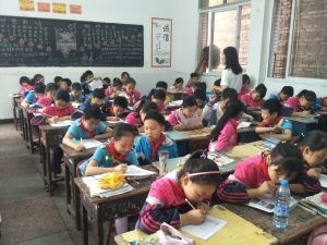 Students participate in knowledge test to evaluate road safety curriculum.
