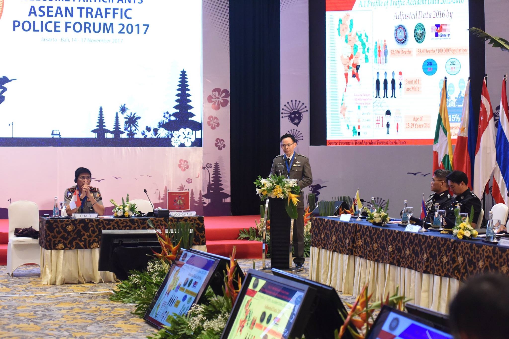 Pol. Lt. Colonel Dr. Panupong Panudulkitti presenting at the second ASEAN Traffic Police Forum in Indonesia.