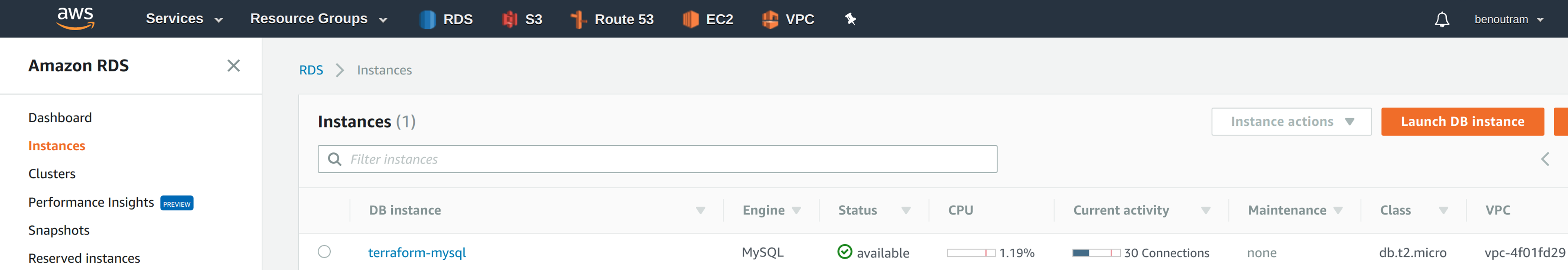 Instances in the RDS dashboard