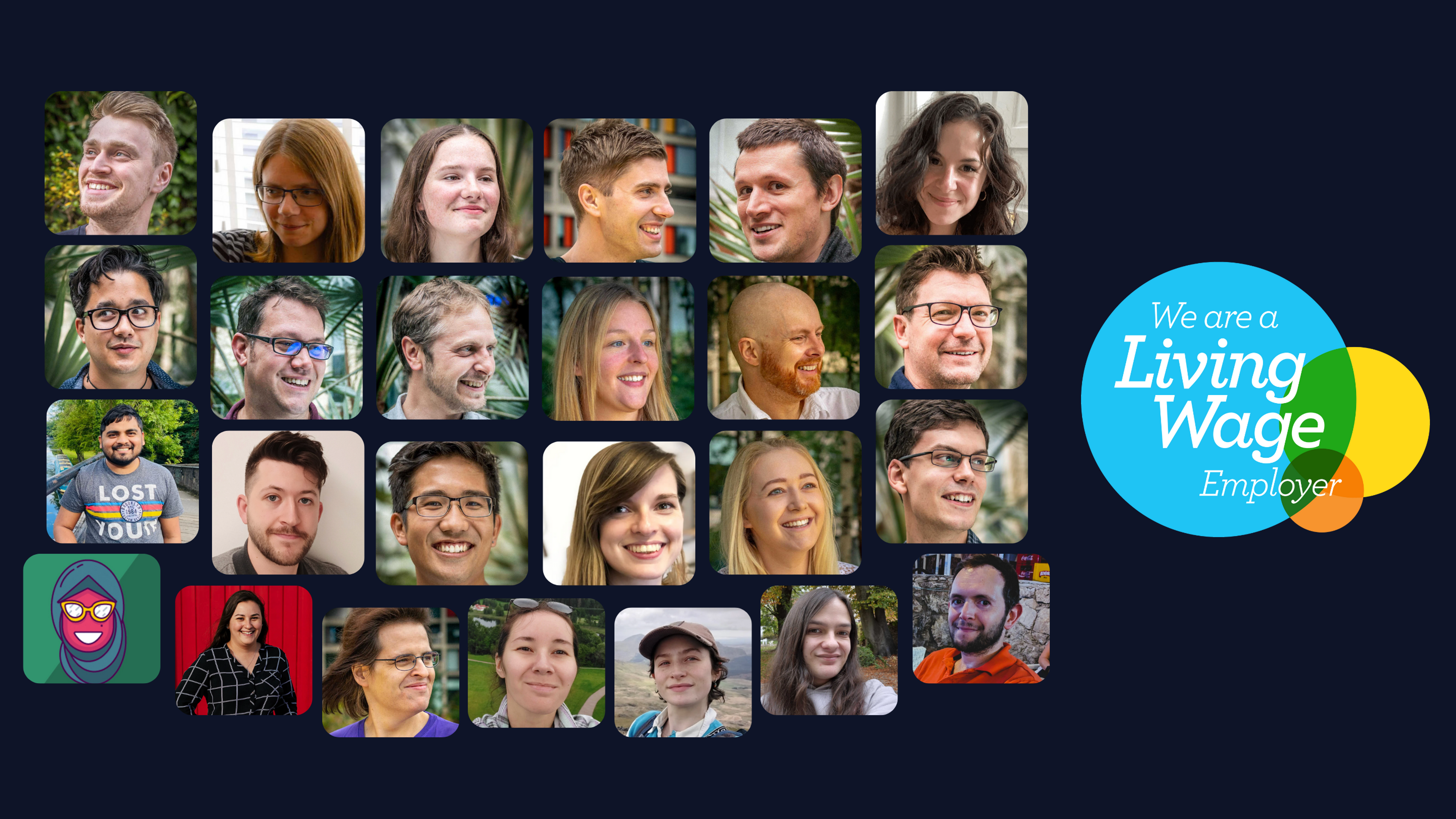 A navy graphic featuring all the faces of the employee's at Hive IT. Accompanied by the 'We are a living wage employer' blue, yellow, green and orange logo.