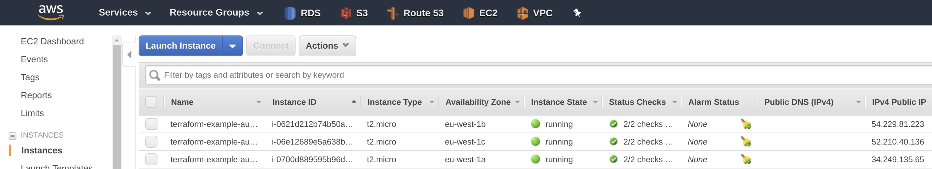 Instances in the EC2 dashboard