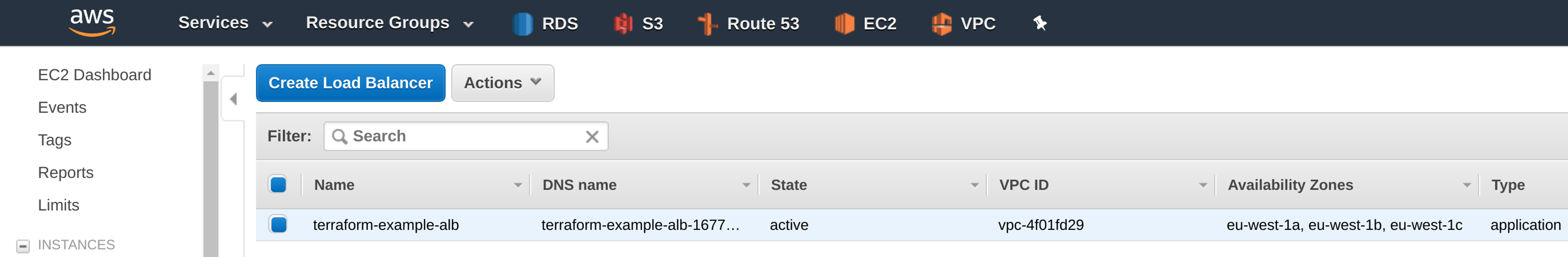 The Application Load Balancer in the EC2 dashboard