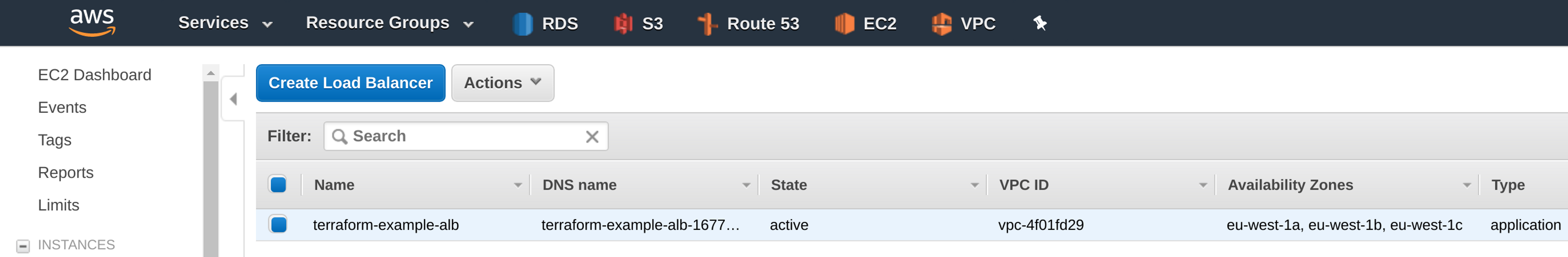 The Application Load Balancer in the EC2 dashboard