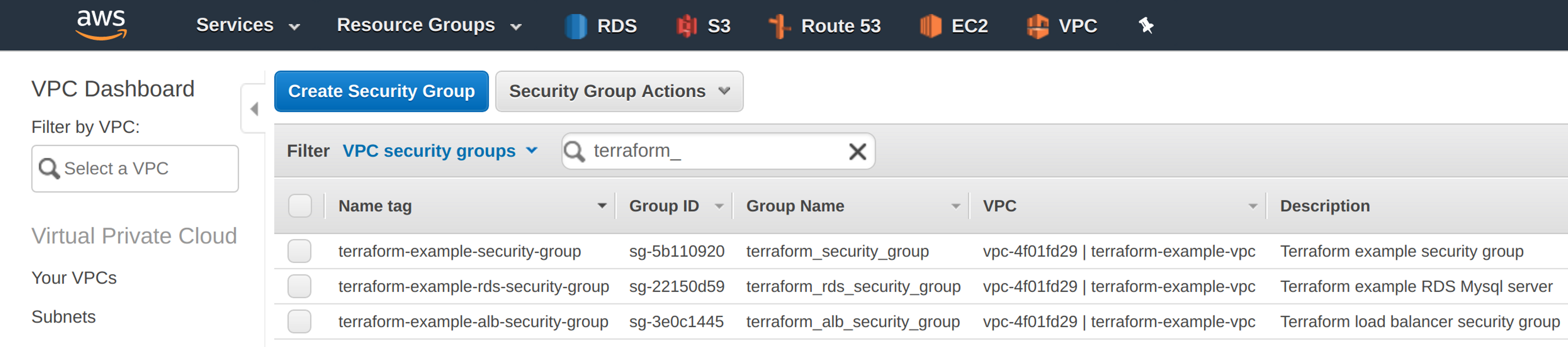 Security Groups in the VPC dashboard