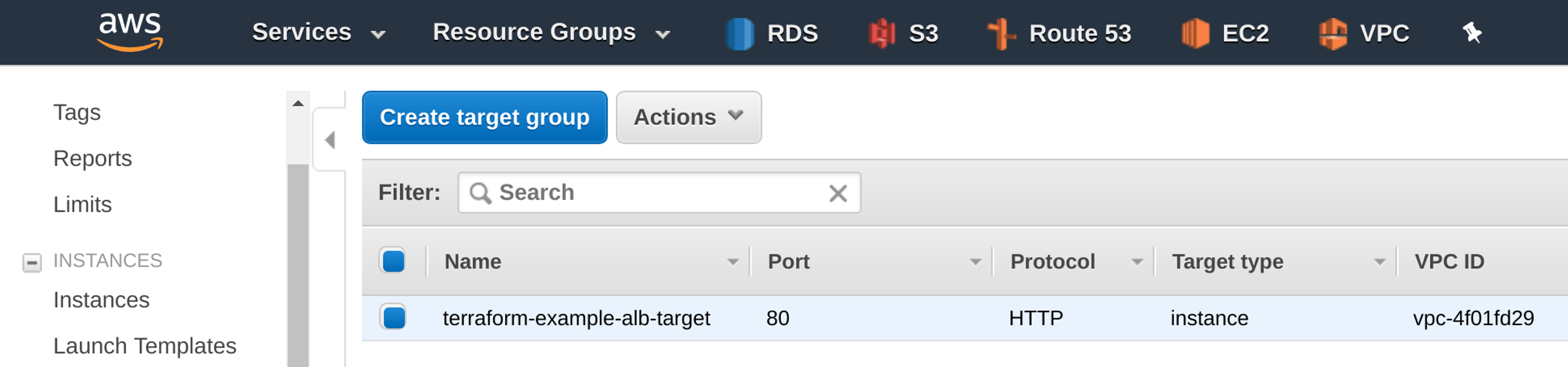 Application Load Balancer Target Group in the EC2 dashboard