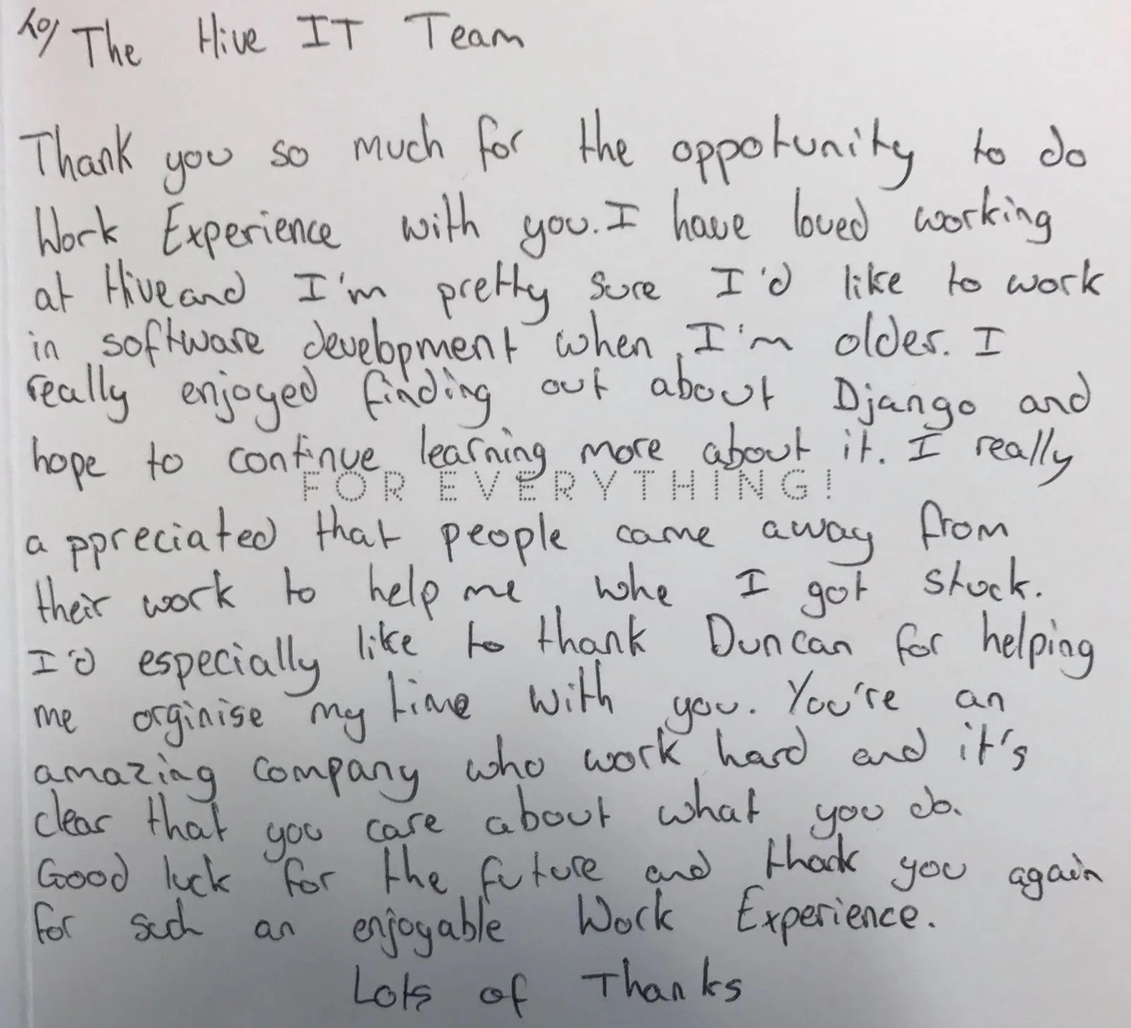 Image of the inside of a card with a thank you note regarding work experience