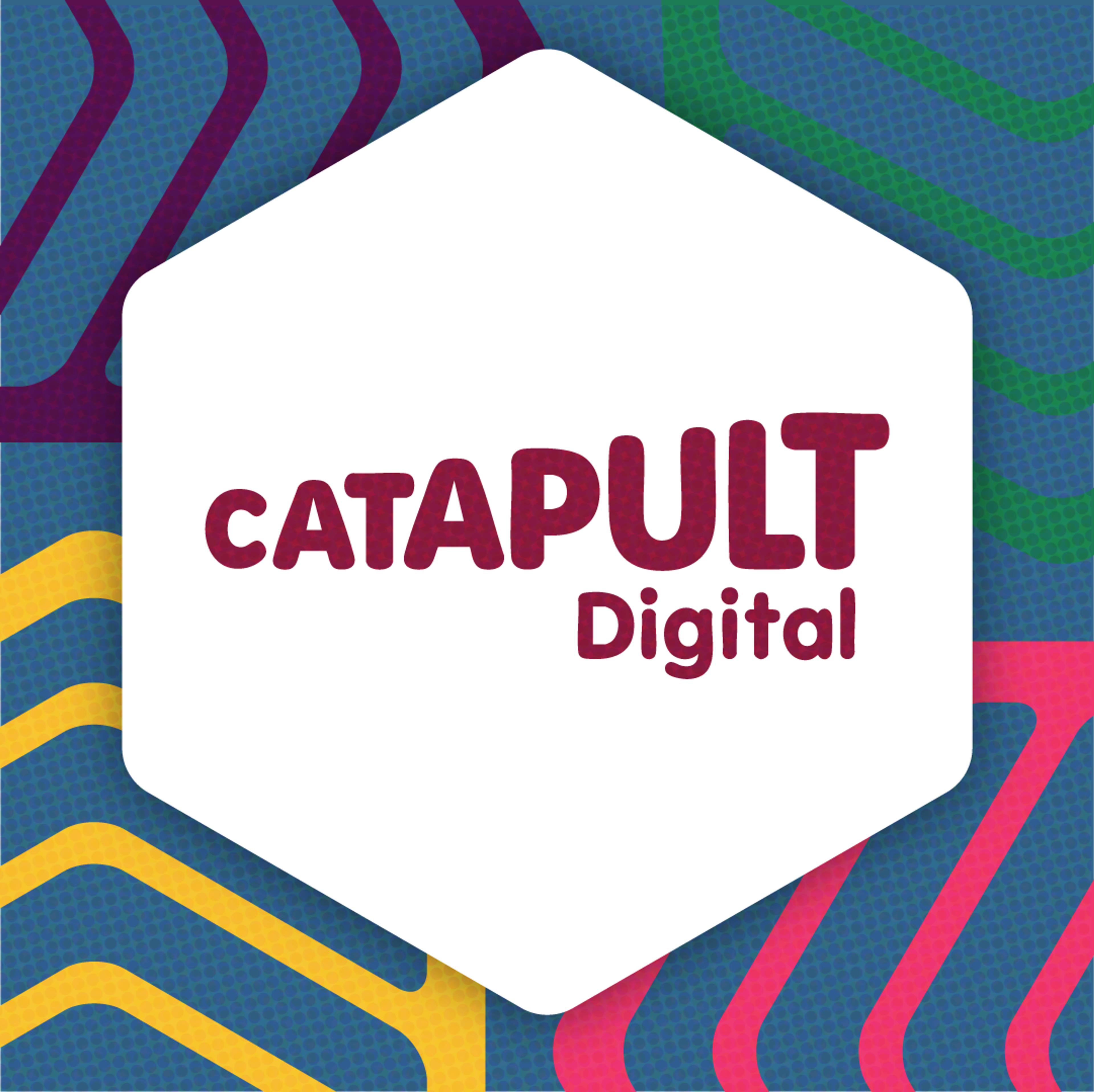 A blue graphic displaying a Burgundy Catapult Digital logo.  