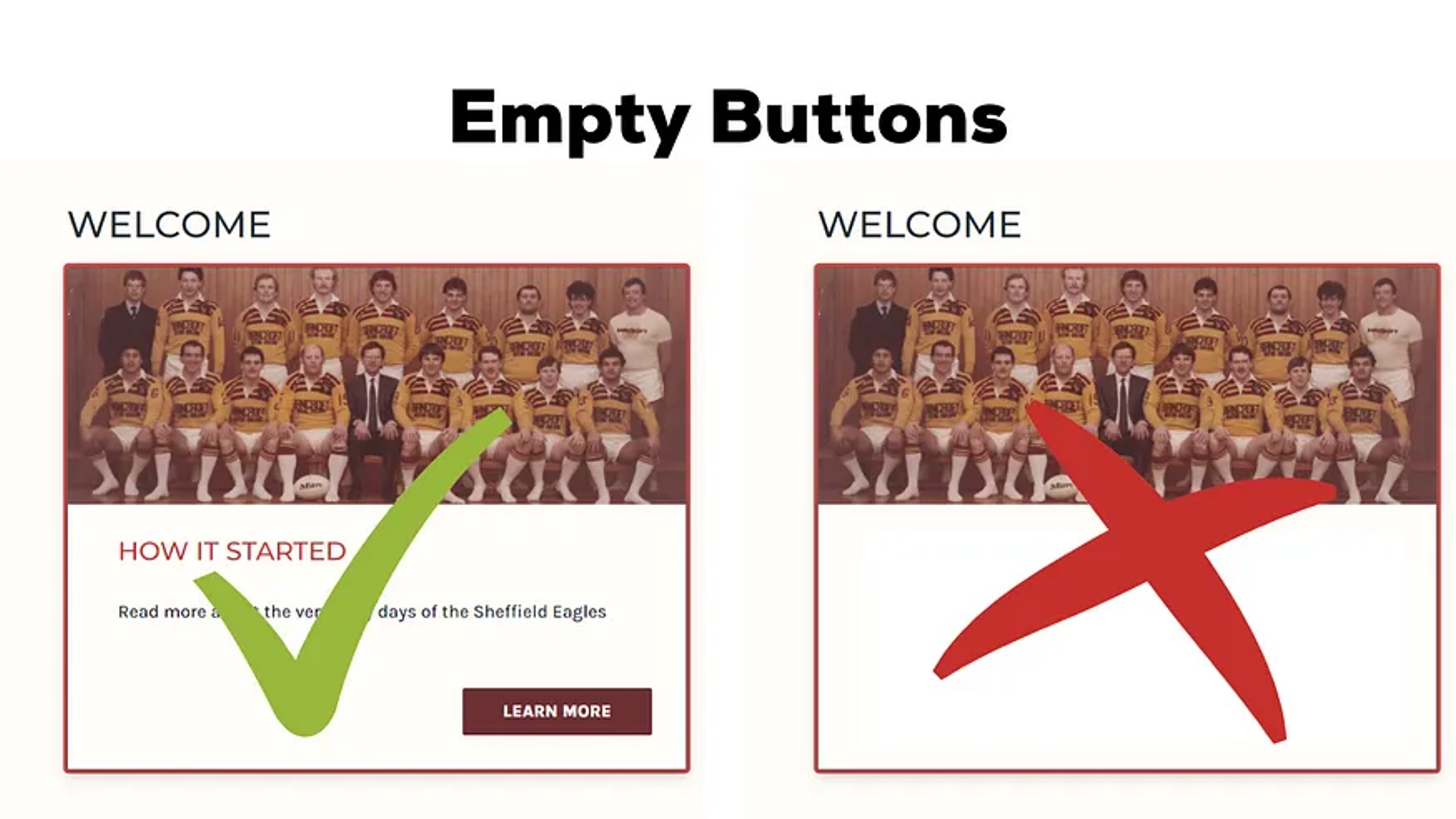 A graphic of Sheffield Eagles website with and without empty buttons displaying a green tick and red cross