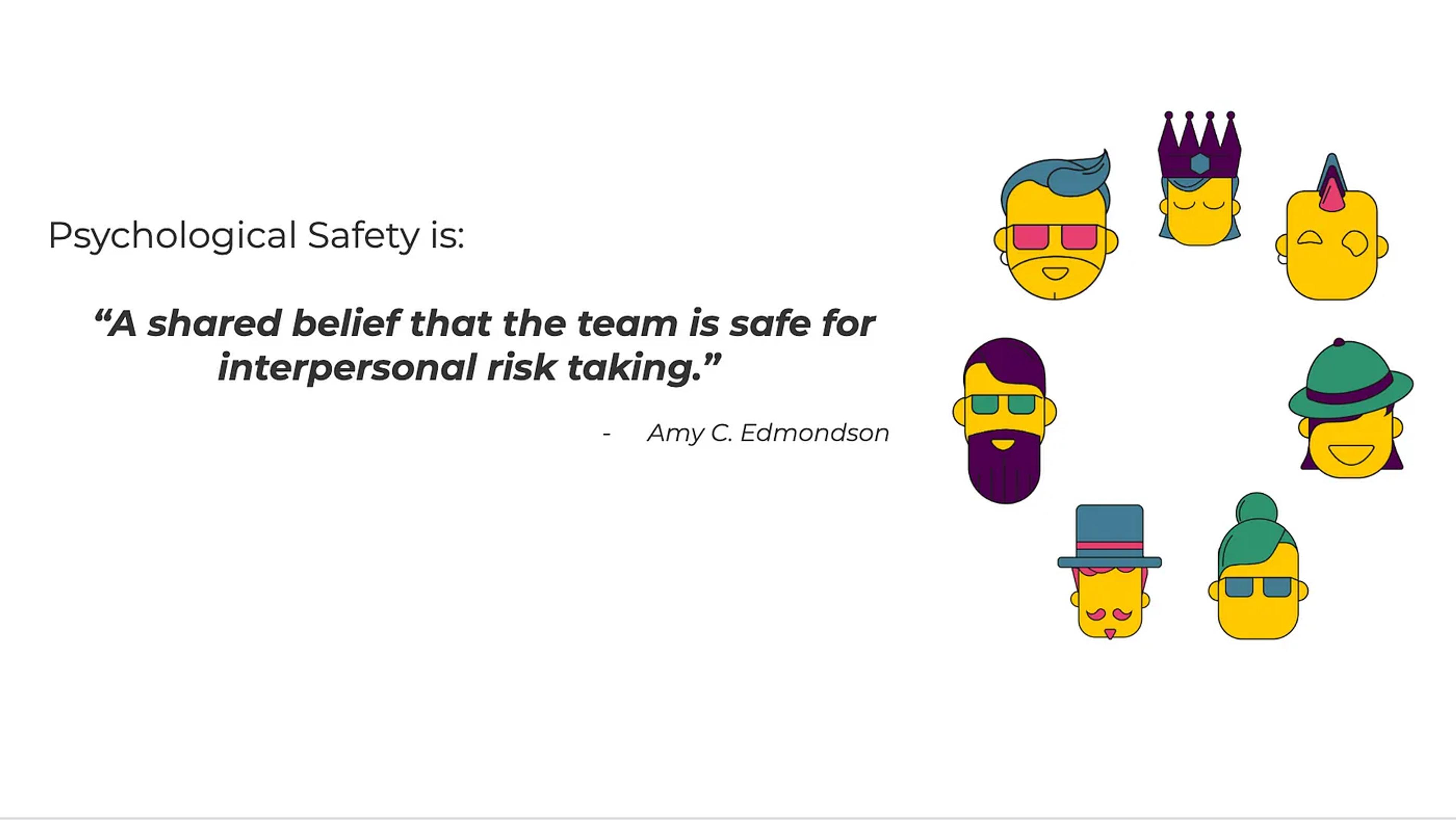 A graphic with seven illustrated heads in different appearance with the words 'Psychological safety is: A shared belief that the team is safe for interpersonal risk taking."