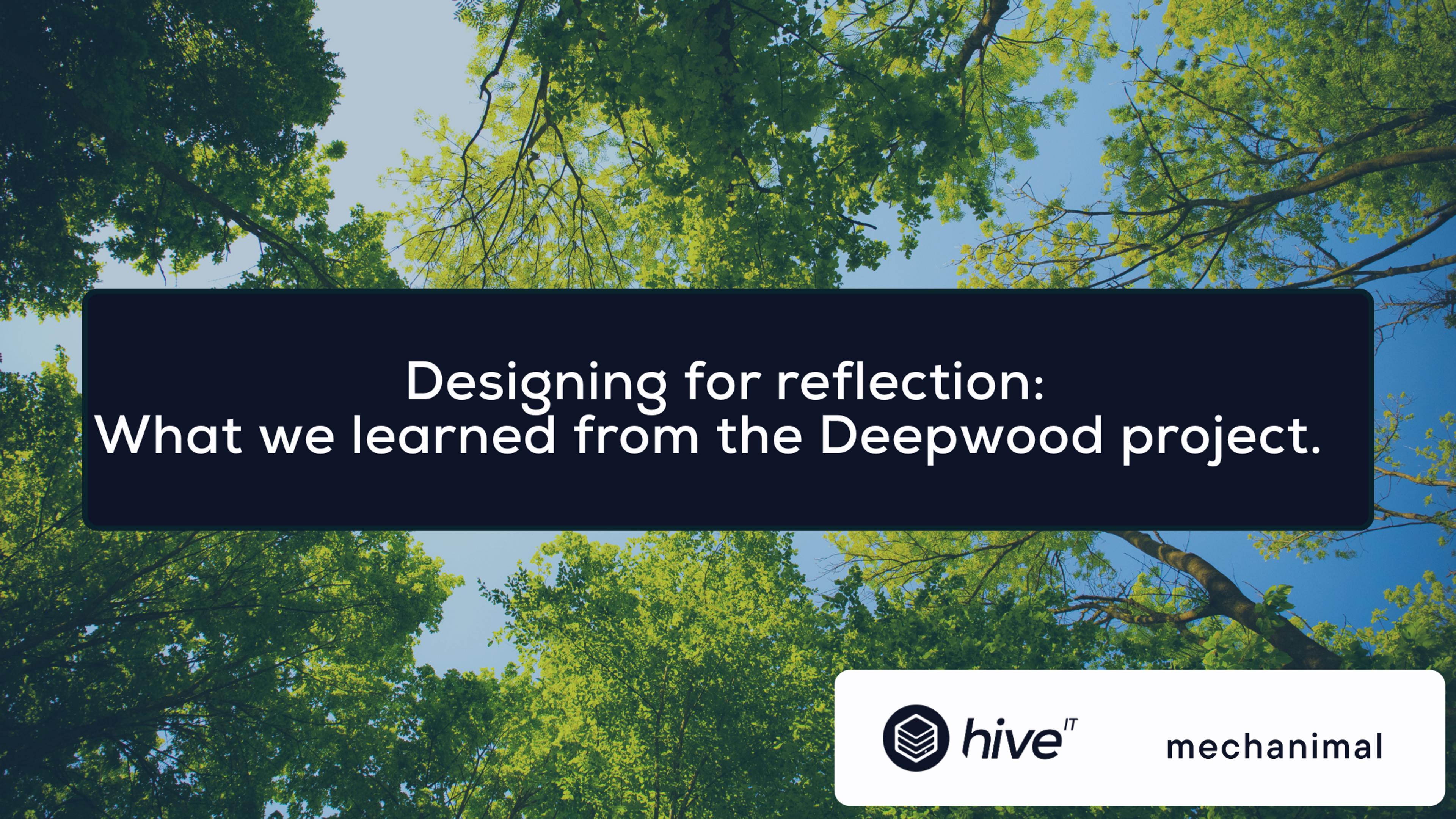 A graphic displaying trees with a black box in the middle which says, 'Designing for reflection: What we learned from the Deepwood project'. There is also a white box in the right hand corner which displays a dark navy Hive IT logo and a black mechanimal logo.