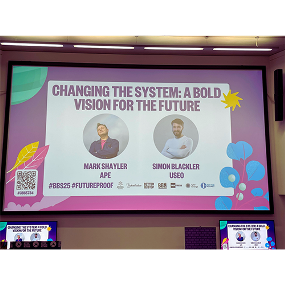 A shot of a slideshow presentation with two presenters, accompanied with the text, 'Changing The System: A Bold Vision For The Future'.