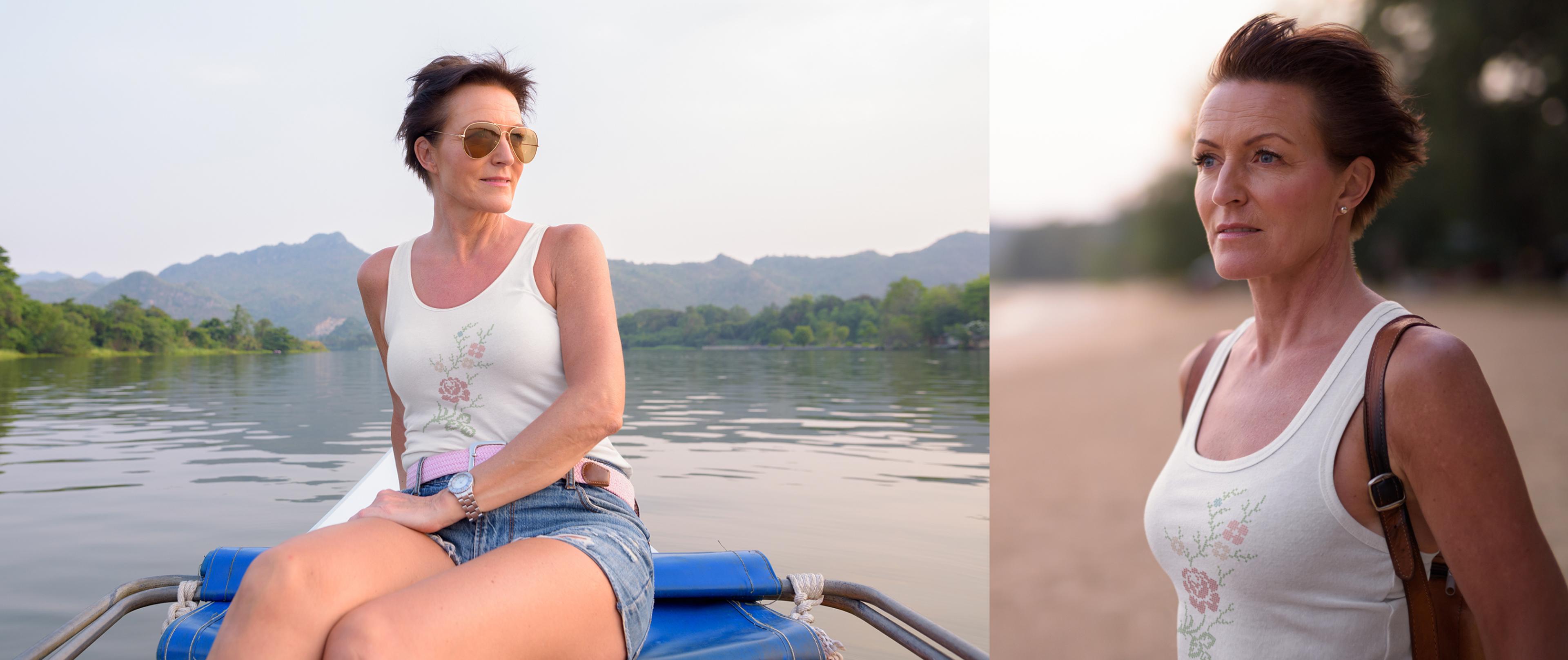 Woman wearing a tank top on boat and on shore