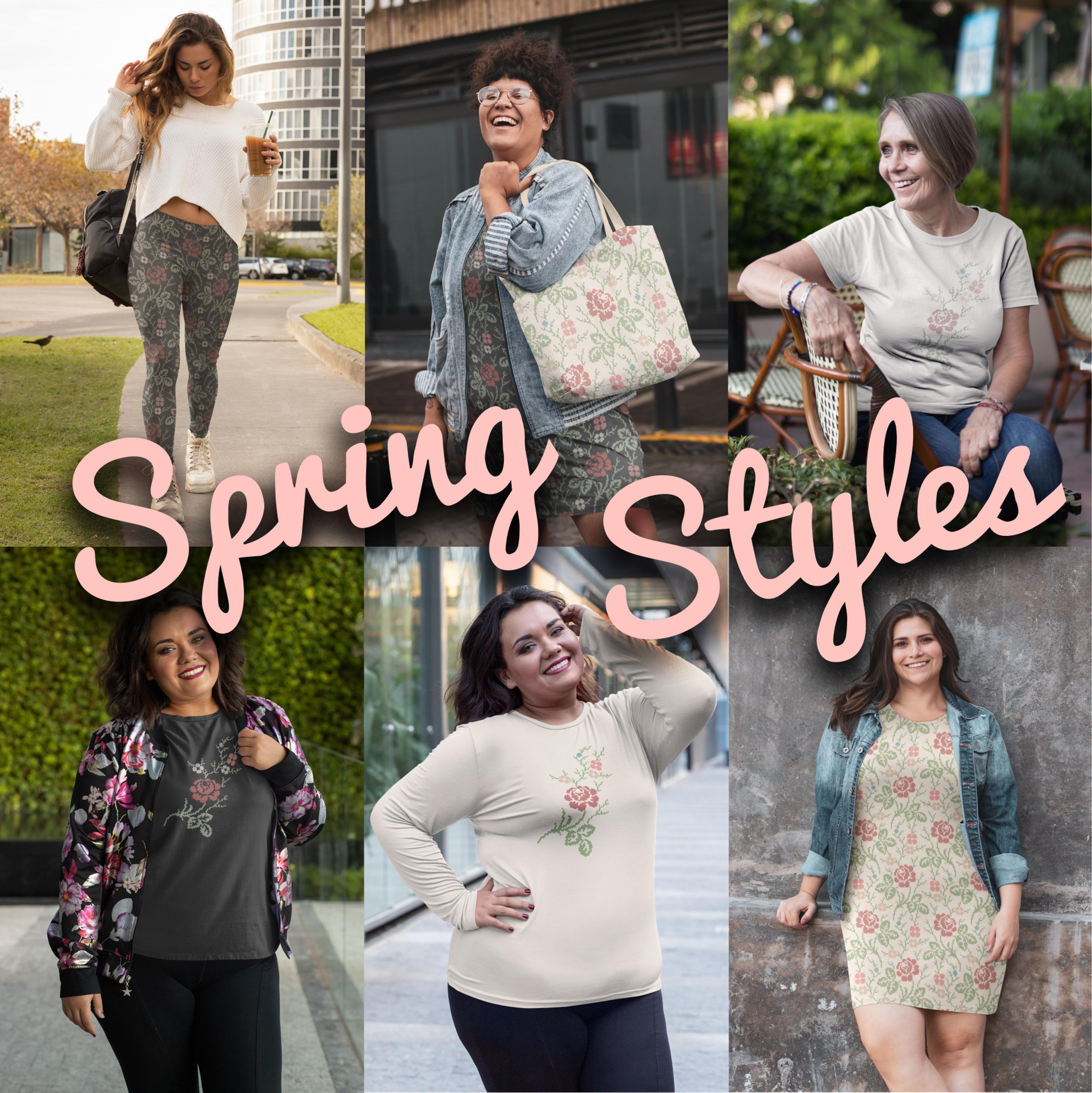 Models wearing apparel with rose motif