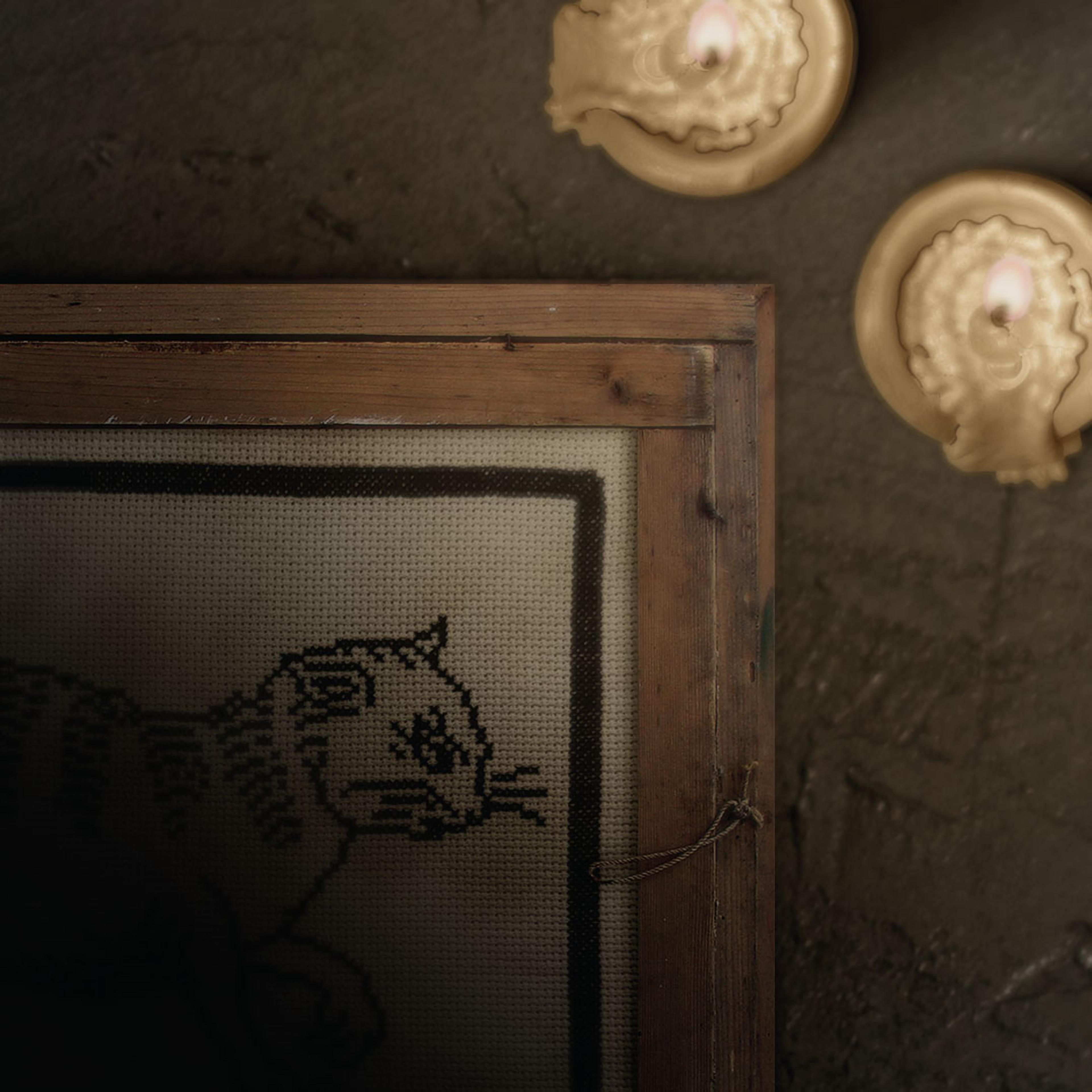 Shadowed framed cross stitch of a cat head