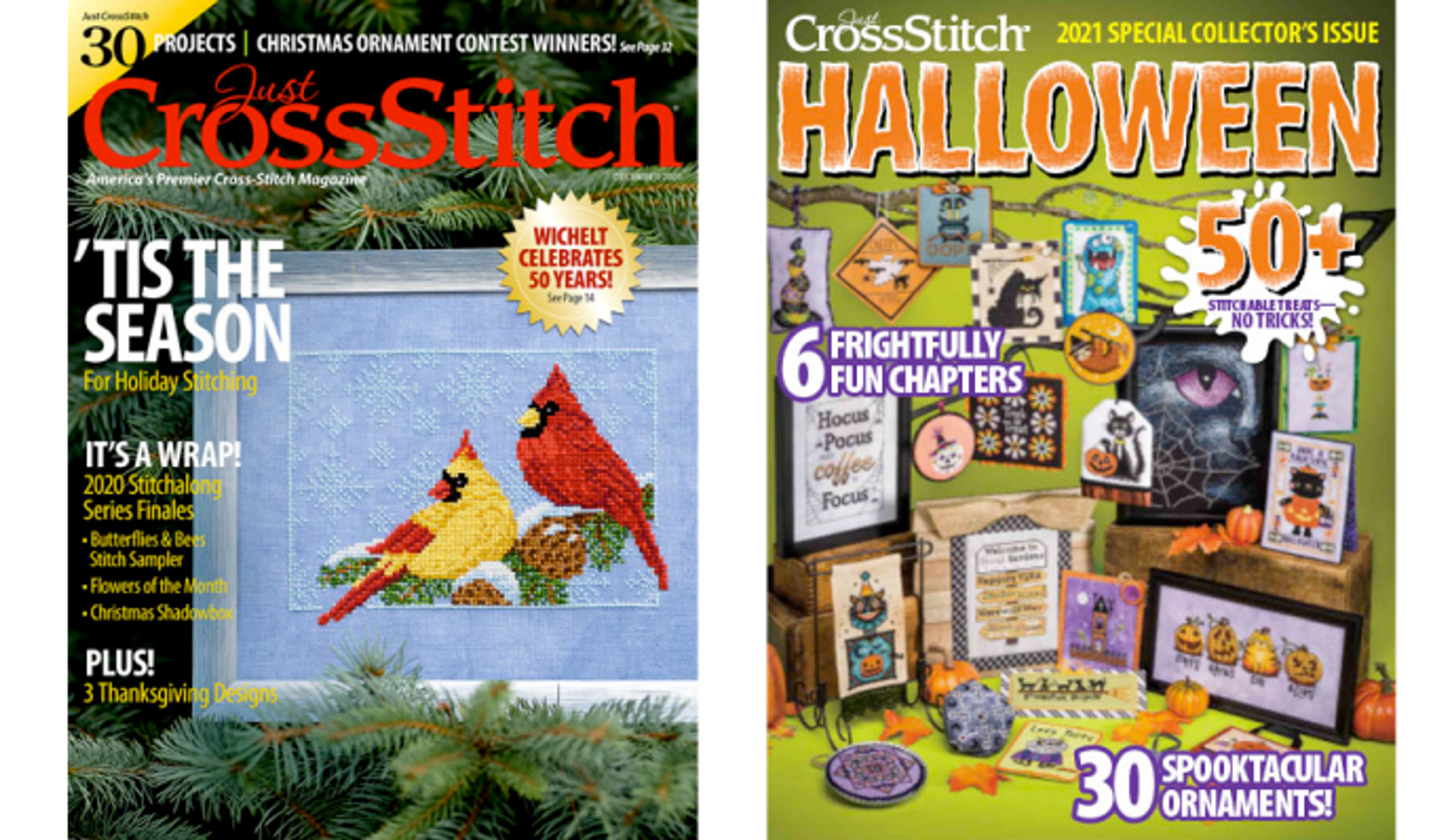 Just CrossStitch Holiday and Halloween magazine covers with my pieces