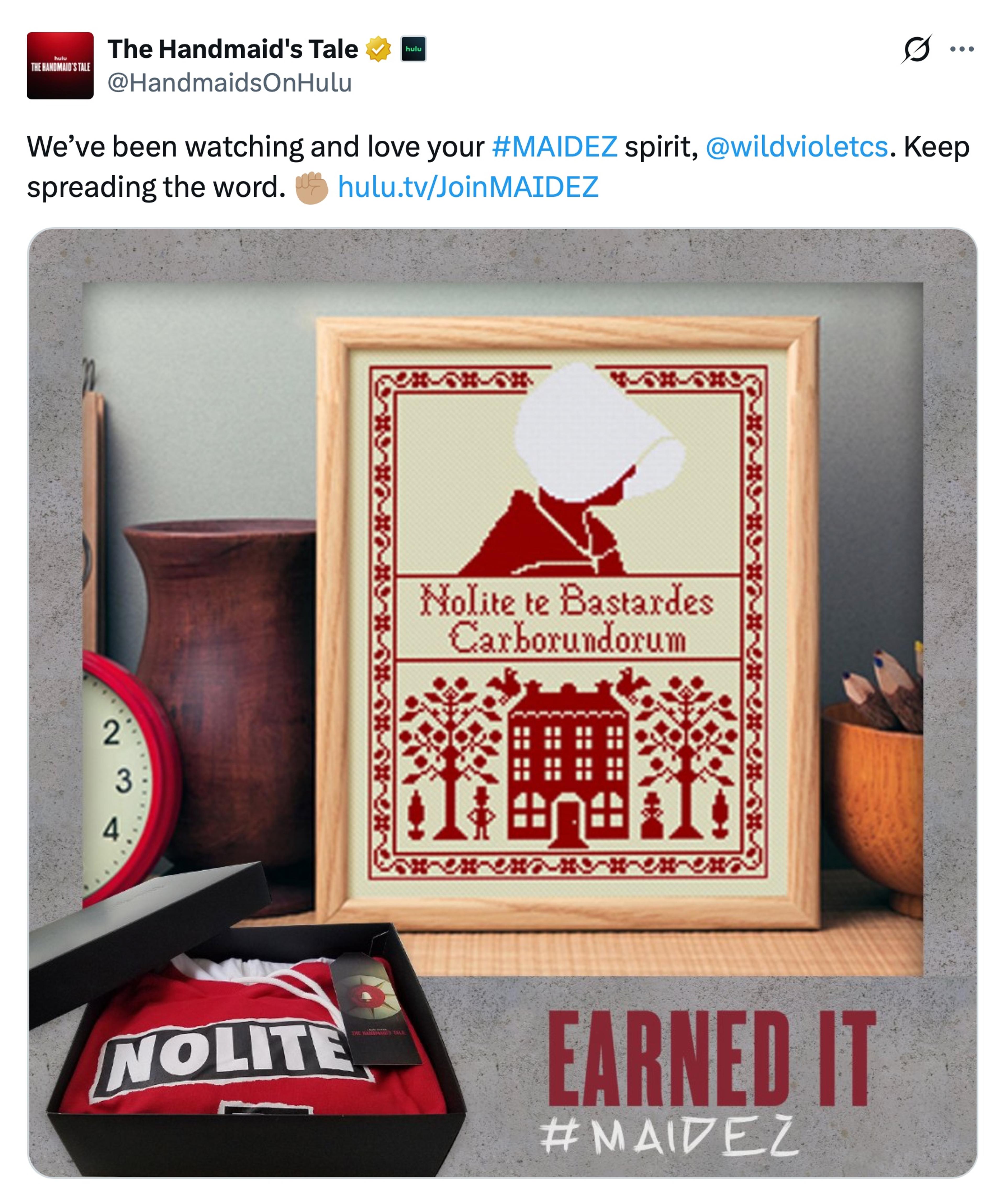 Screenshot of a June 27, 2017 post from The Handmaid’s Tale on Hulu account praising Wild Violet’s #MAIDEZ spirit and tagging @wildvioletcs.