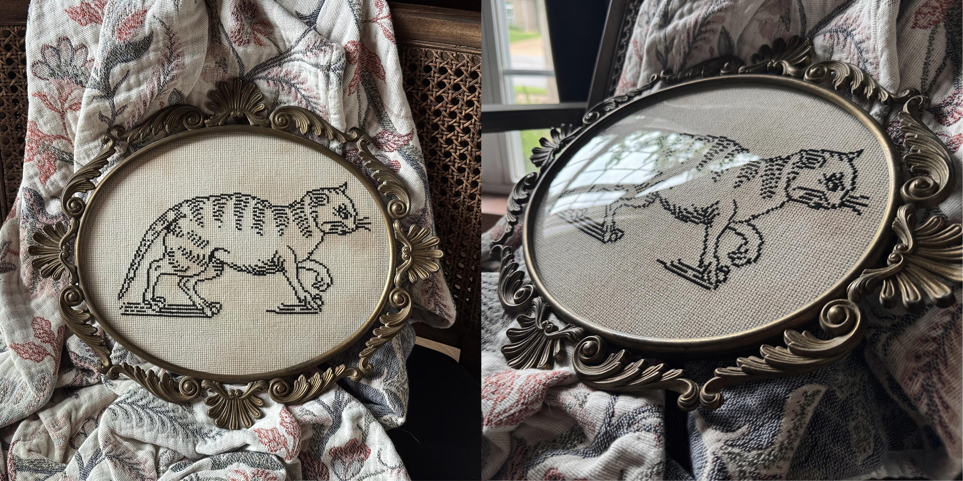 Two angles of a cross stitched cat in an ornate vintage brass frame under curved glass