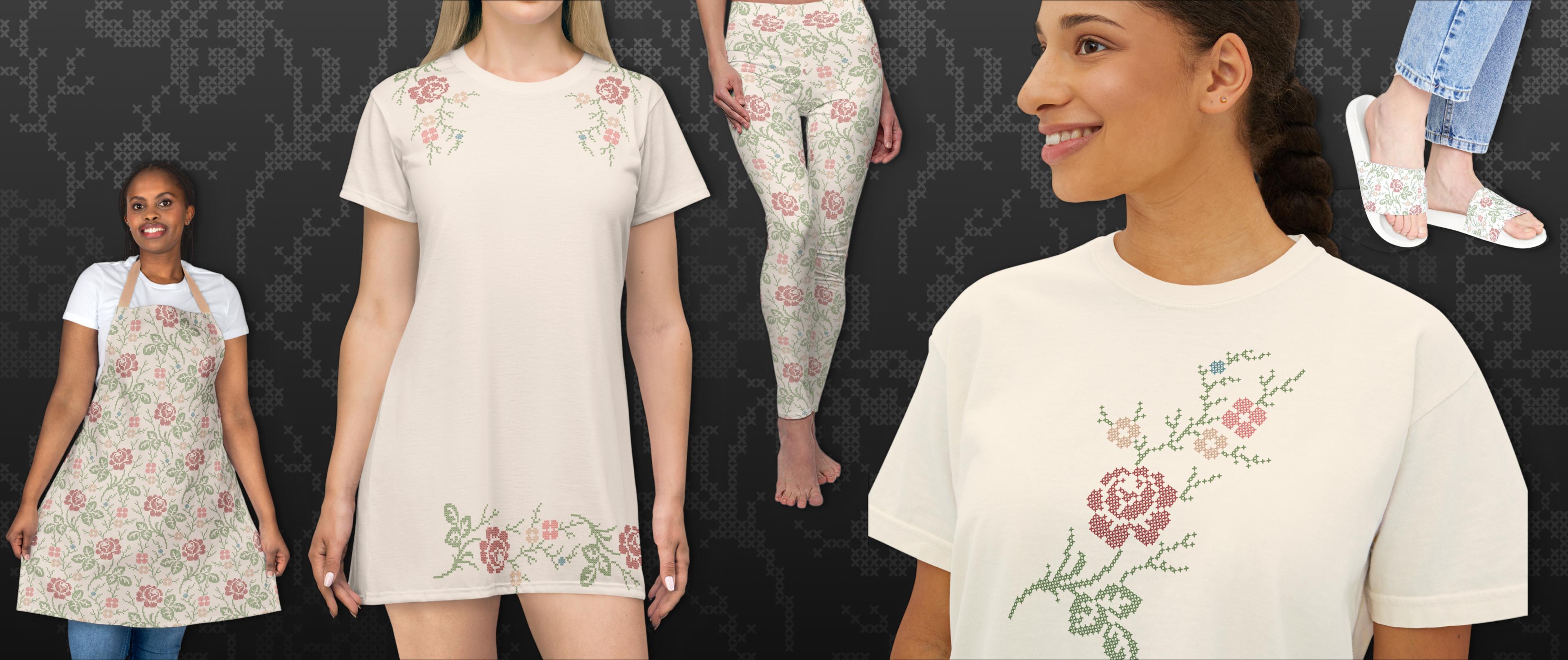 Collage of cream apparel featuring cross stitch motifs
