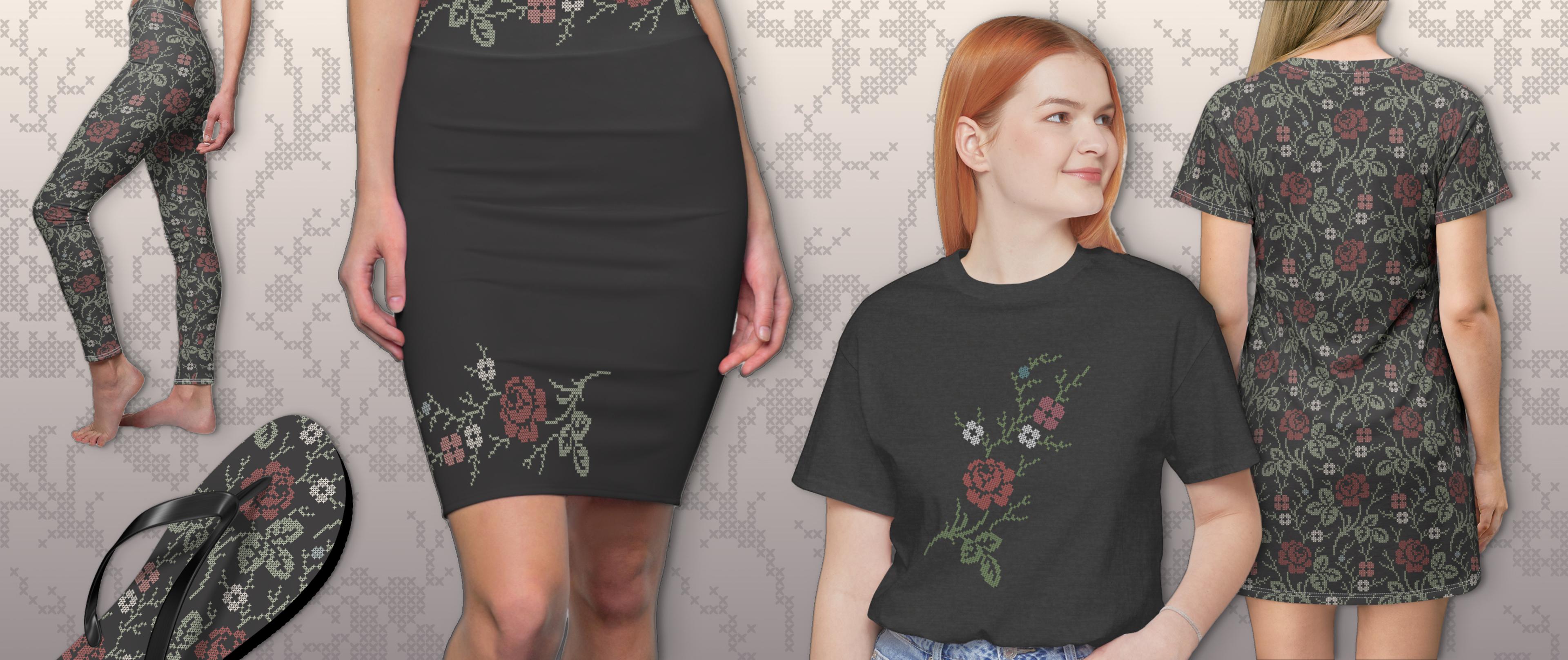 Collage of dark gray apparel featuring cross stitch motifs