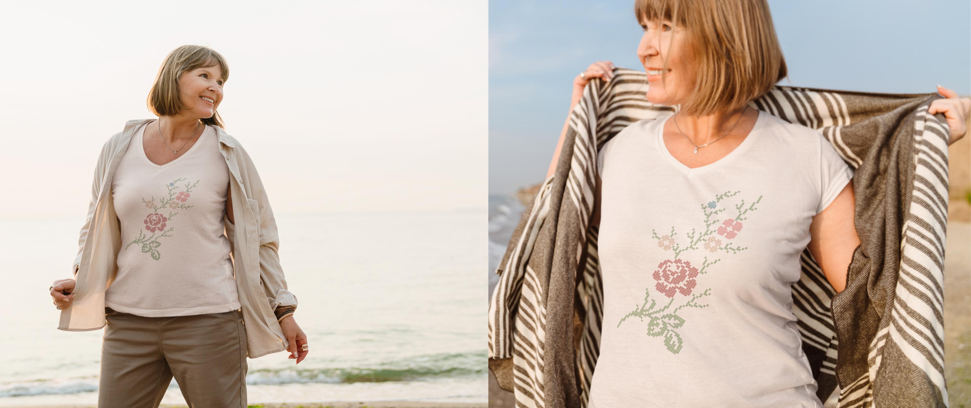 Woman on a beach in a t-shirt