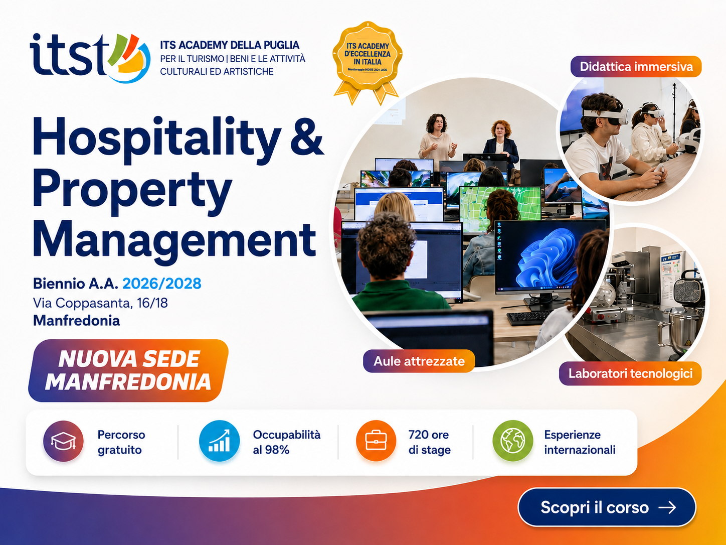 Banner ITS Academy della Puglia, corso biennale Hospitality & Property Management nella nuova sede di Manfredonia