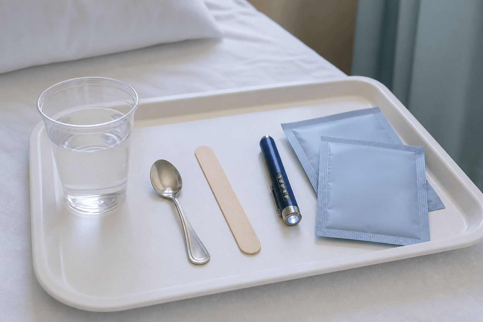Cup of water, teaspoon, tongue blade, penlight, and blank thickened-liquid packets on linen.