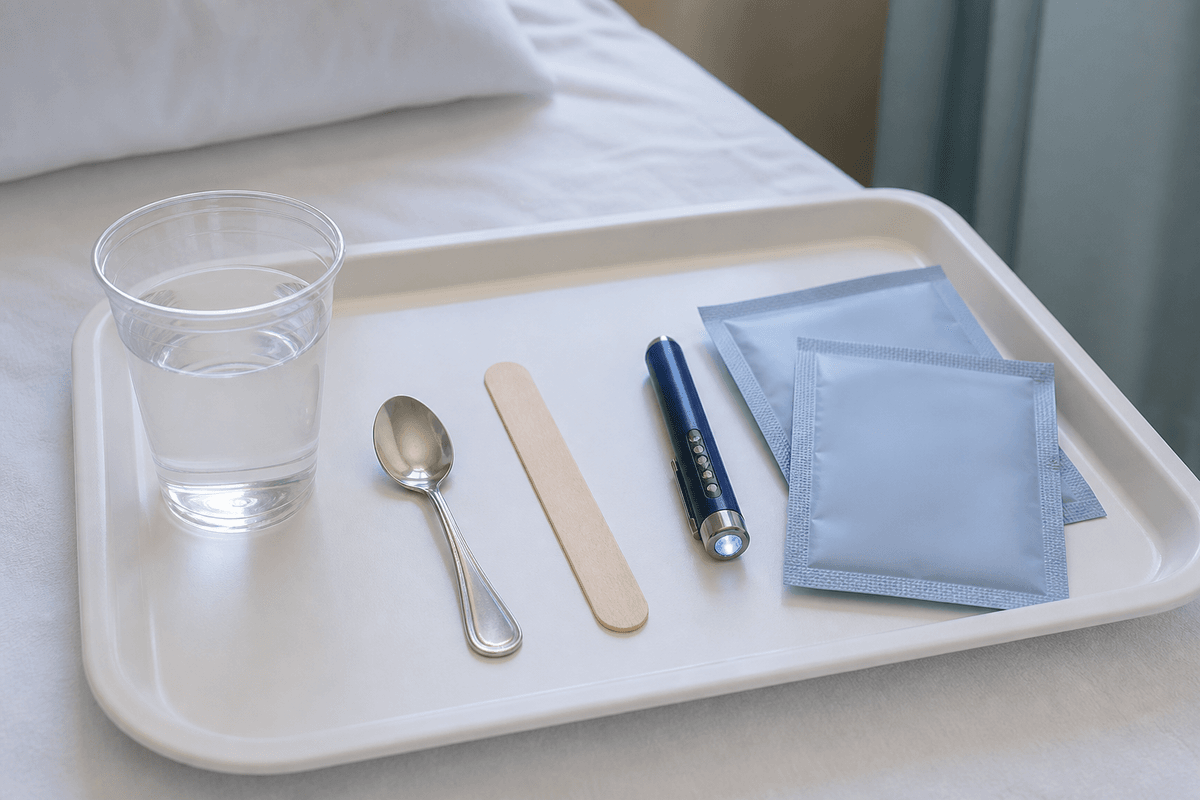 Cup of water, teaspoon, tongue blade, penlight, and blank thickened-liquid packets on linen.