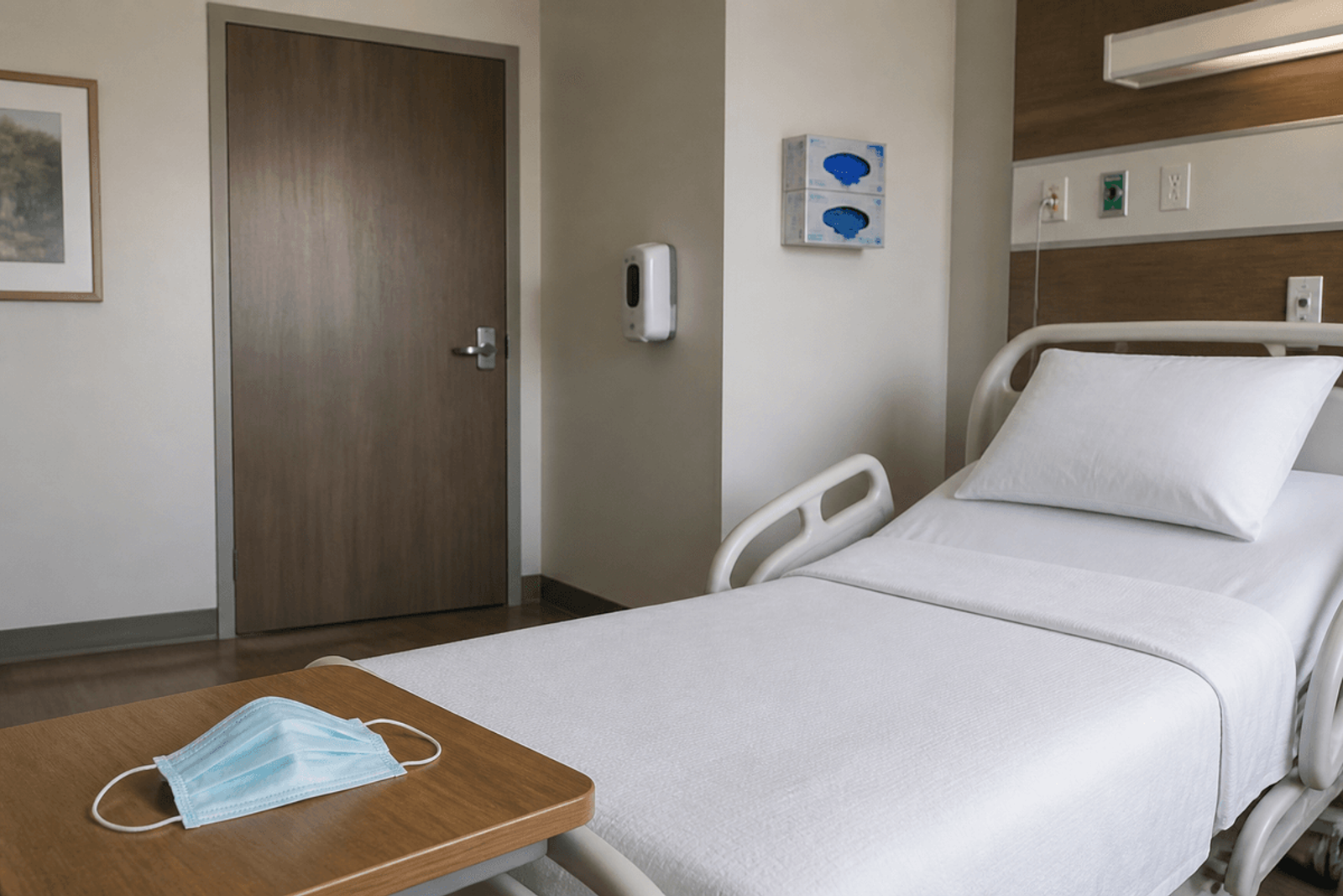 Clean private hospital room with hand hygiene supplies, glove boxes, and a surgical mask on the overbed table.