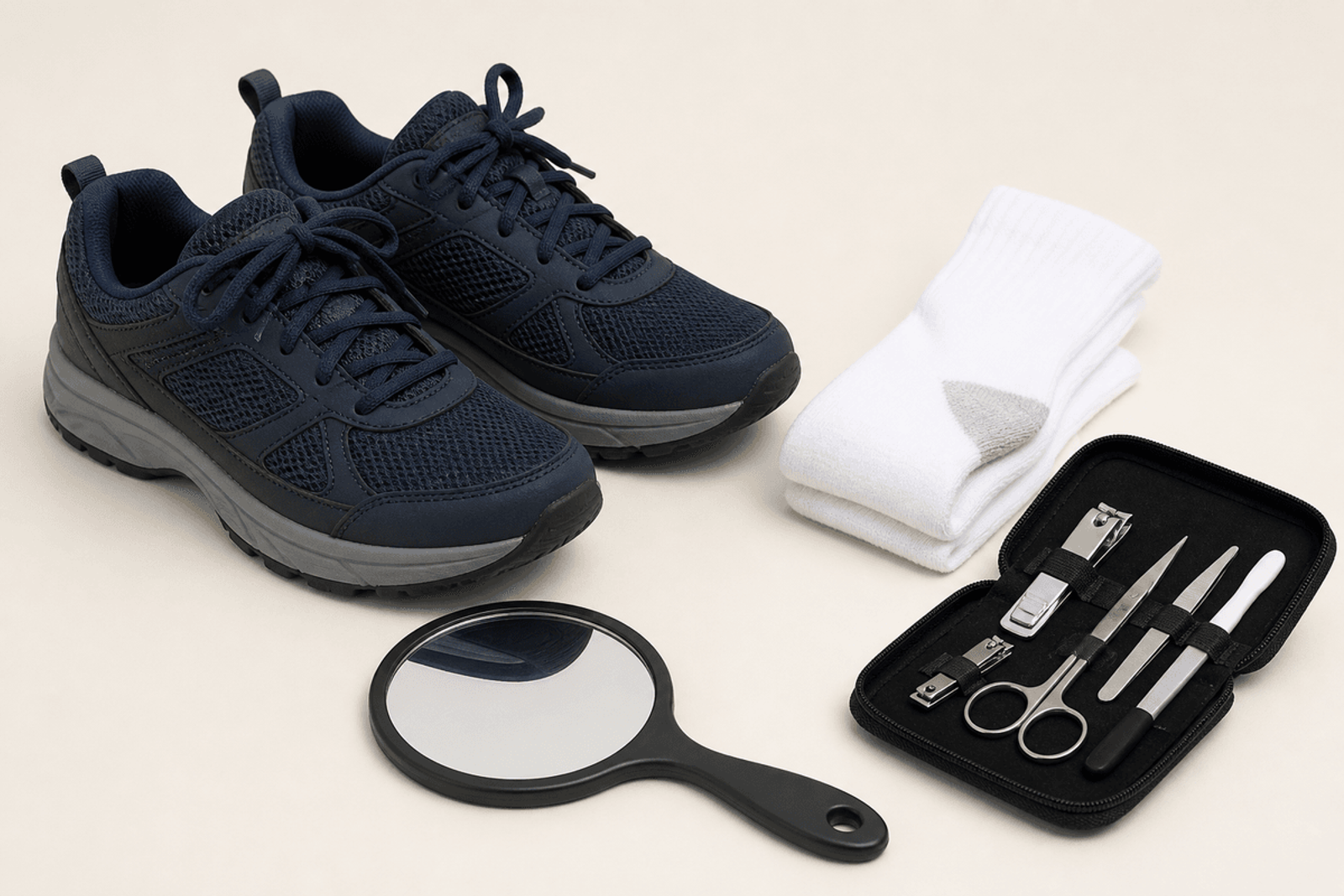 Closed supportive walking shoes with cotton socks and a small inspection mirror on a plain surface, nail kit unused to the side.