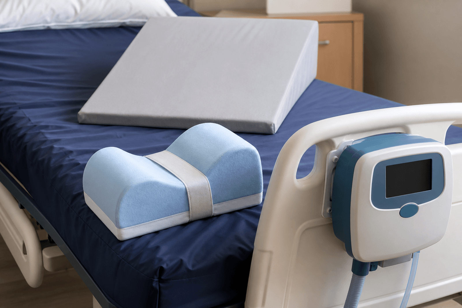 Pressure mattress pump, foam wedge, and heel elevator at a hospital bedside.