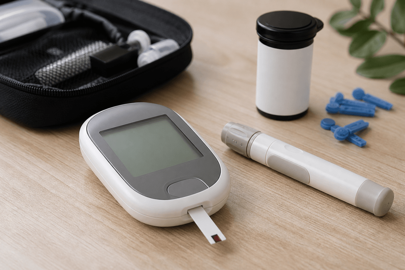 Glucometer with blank screen and unmarked strip vial on a table.