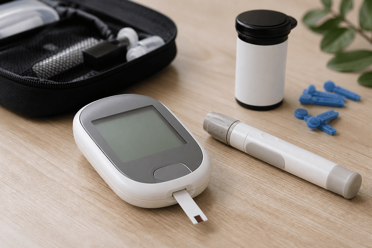 Glucometer with blank screen and unmarked strip vial on a table.