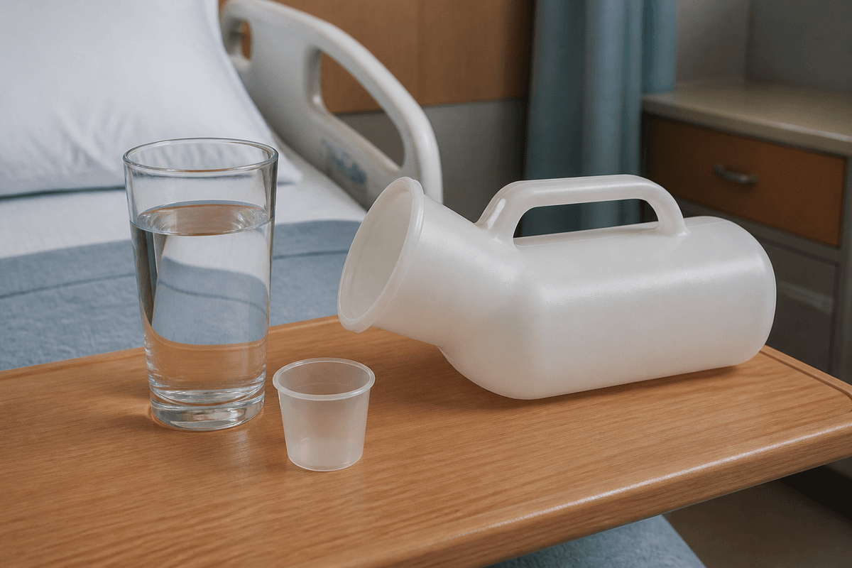 Medication cup, water glass, and clean empty urinal on a bedside table.