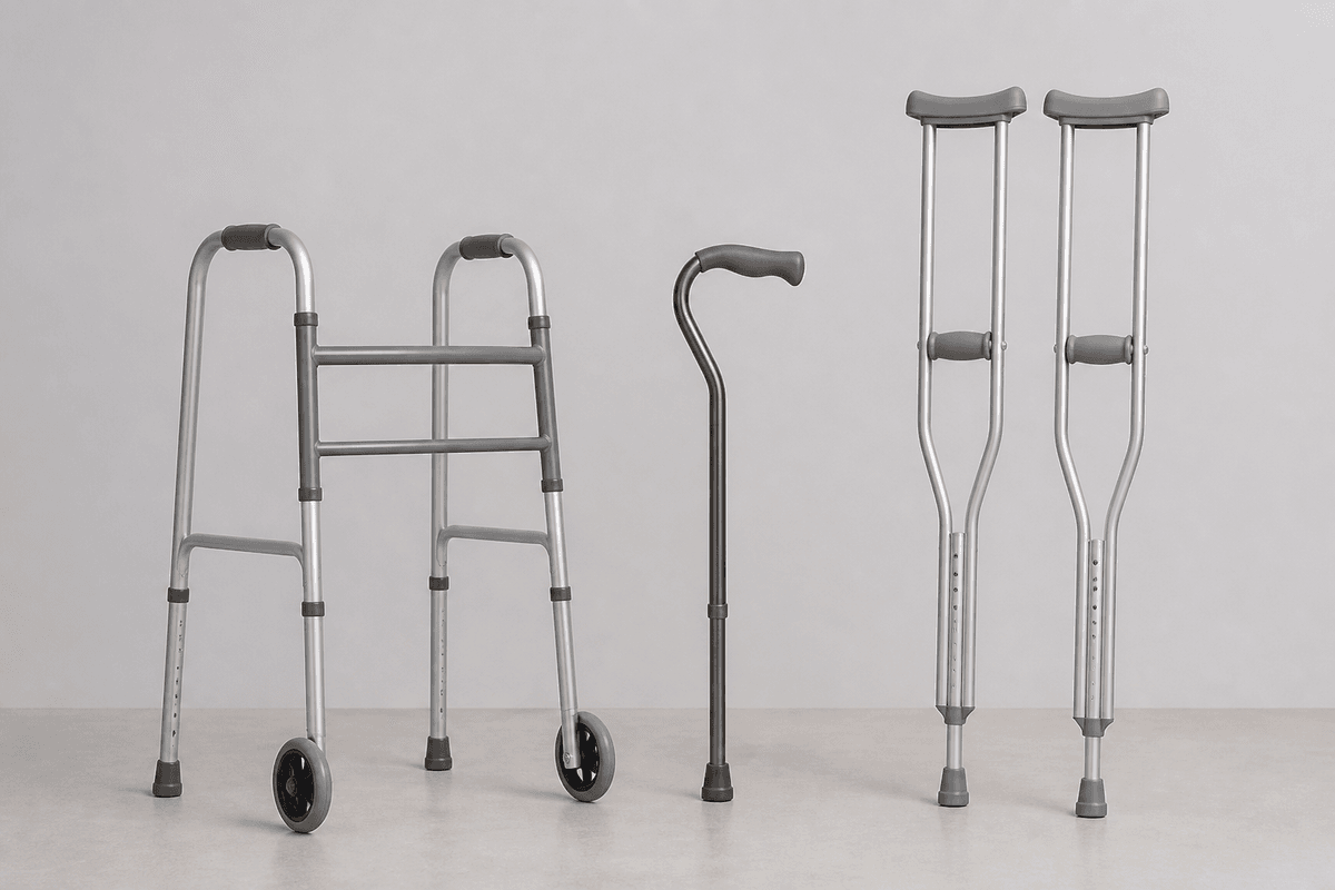 Front-wheeled walker, single-point cane, and underarm crutches standing side by side.