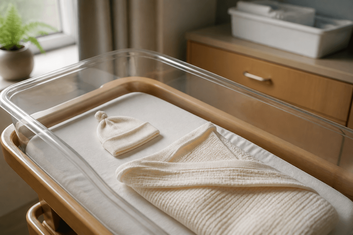 Empty newborn bassinet with knit hat and swaddle blanket.