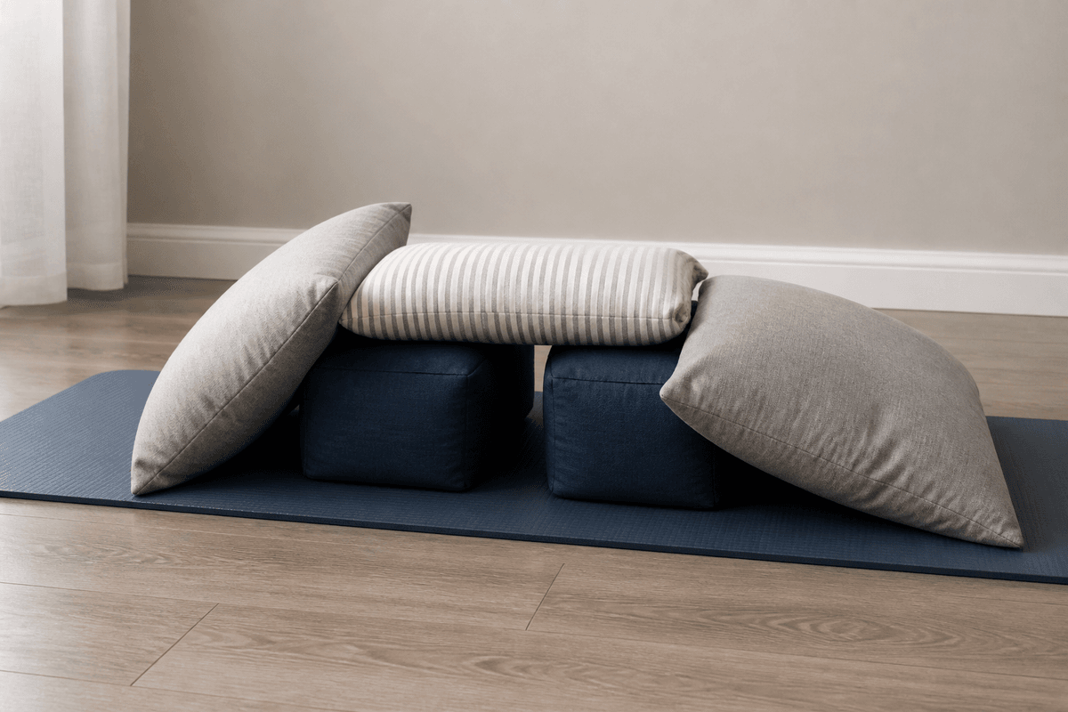 Pillows arranged on a mat to support knee-chest positioning practice.