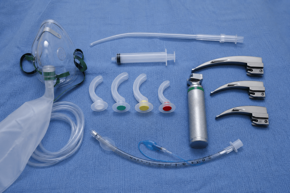 Oxygen mask, suction tip, and airway tray components on a blue sterile towel.