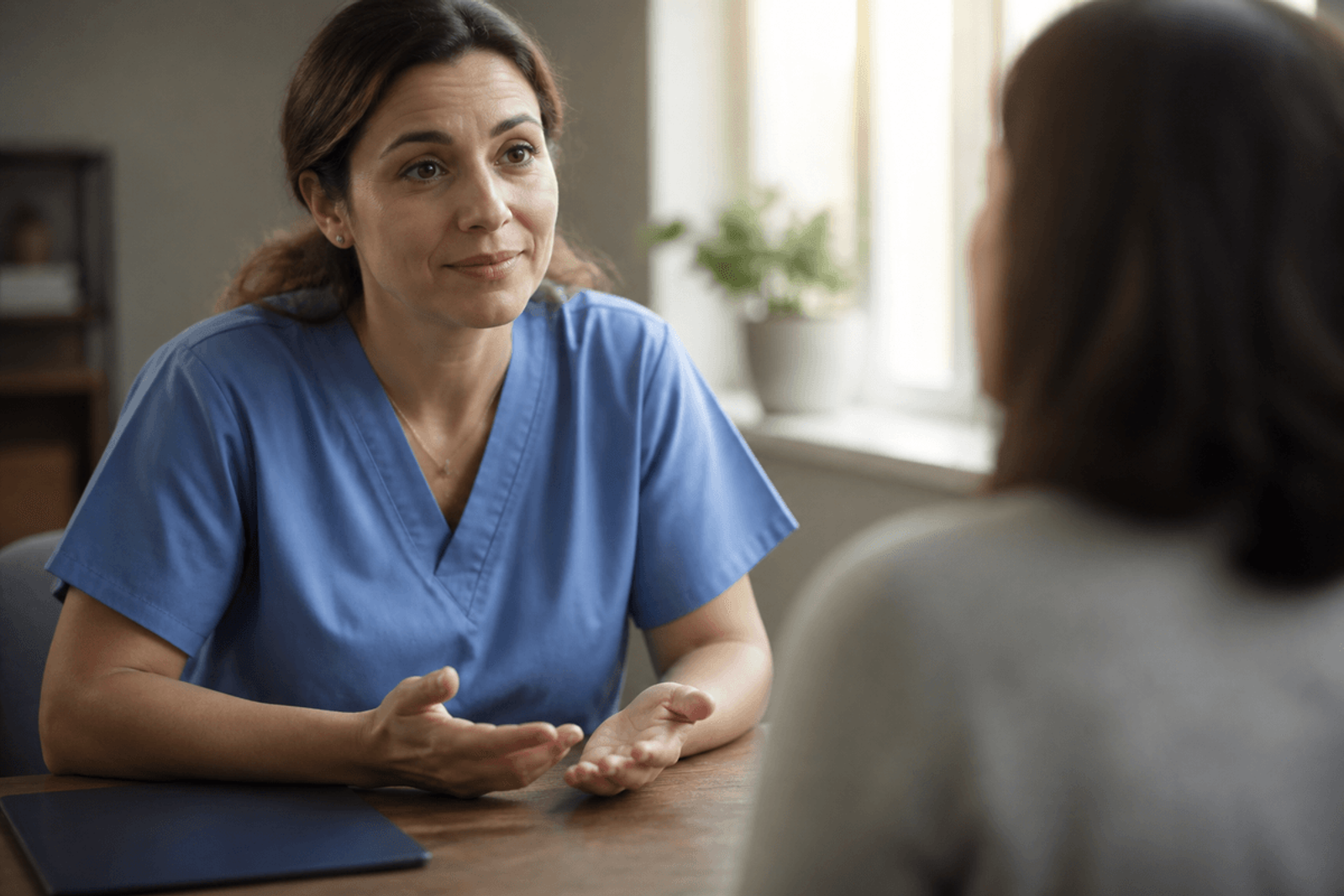 Nurse sitting at eye level with a client in a listening posture.