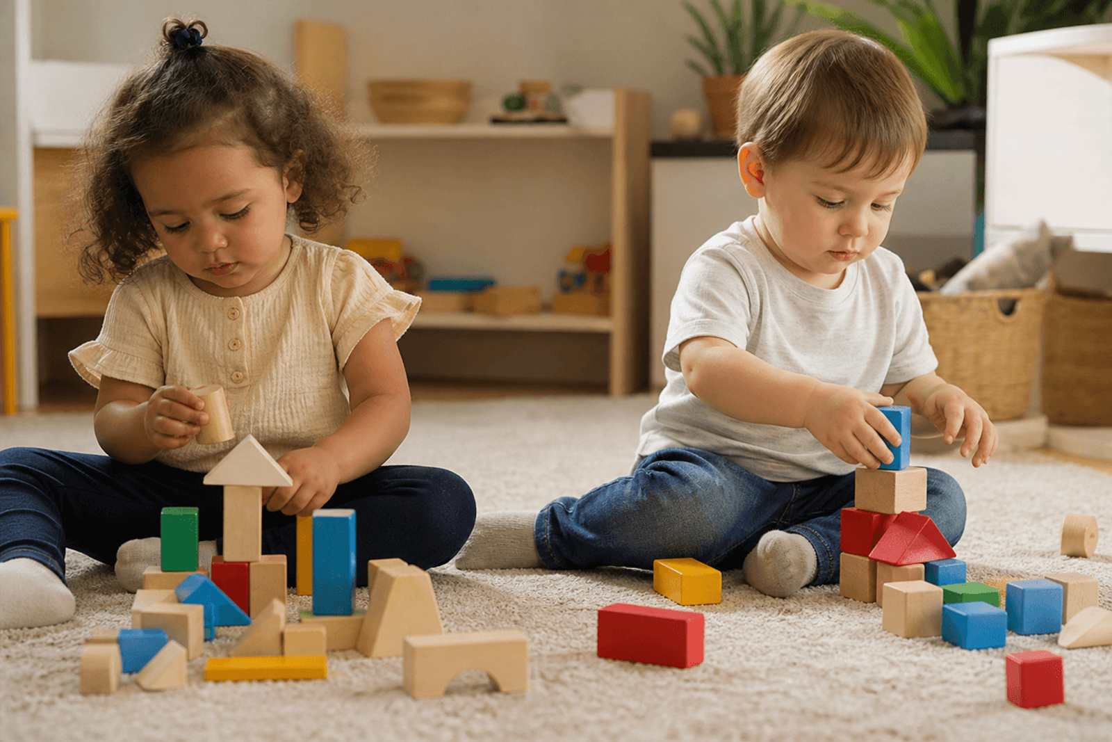Two toddlers sitting near each other on a rug, each playing with their own blocks.