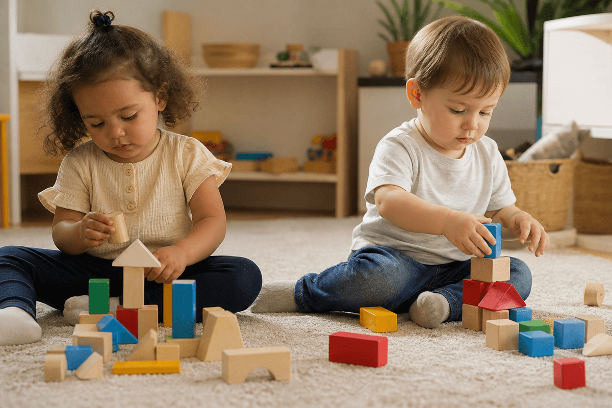 Two toddlers sitting near each other on a rug, each playing with their own blocks.