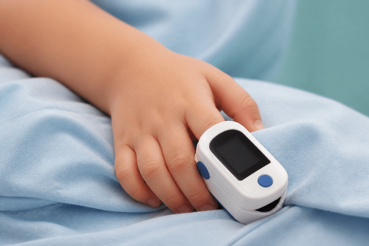 Pediatric pulse oximeter on a small finger with blank display.
